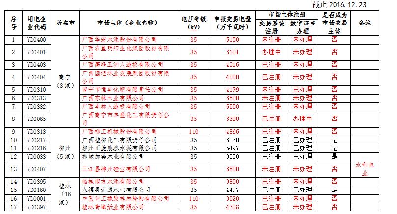 广西电力市场交易主体名单