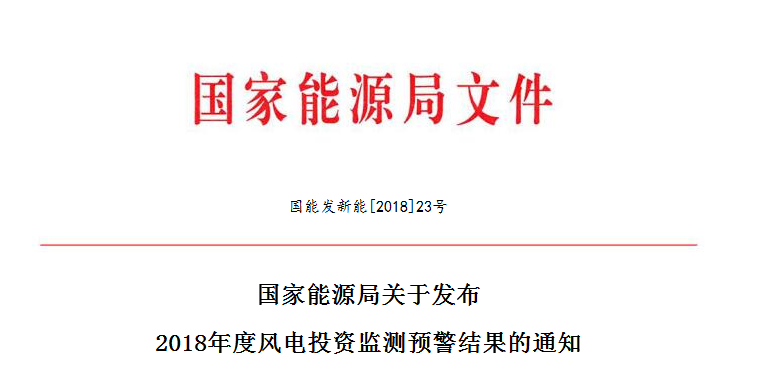 国家能源局关于发布2018年度风电投资监测预警结果的通知