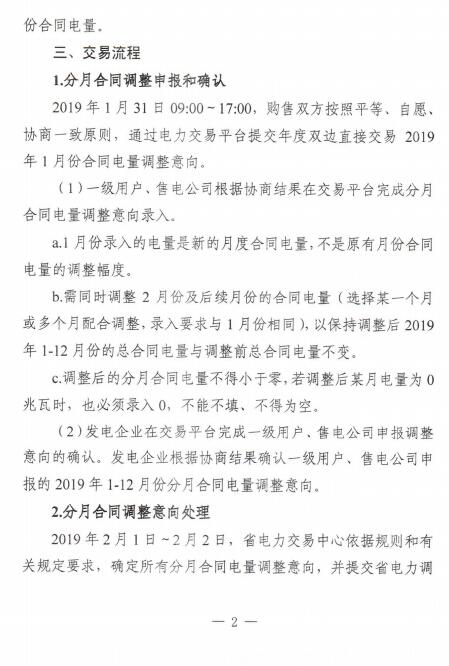 安徽2019年1月电力直接交易合同分月电量调整1月31日展开