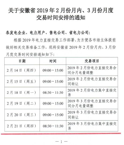  安徽2019年2月份月内、3月份月度交易时间安排